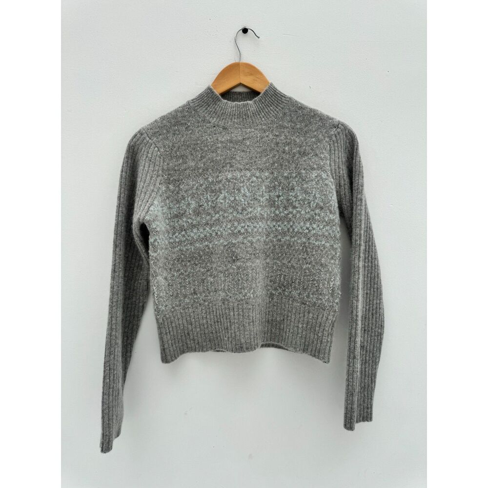 Gray Wool Blend Ribbed Mock Neck Sweater with Metallic Thread Detail
